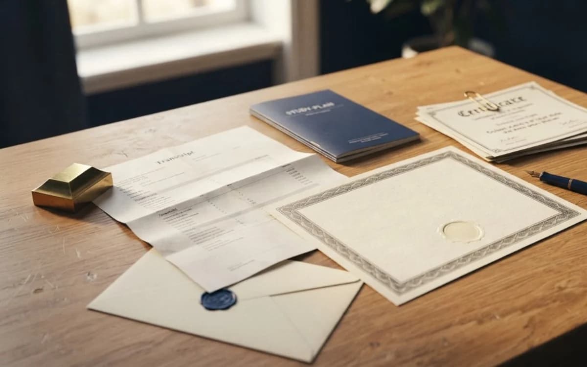 Titoli, diplomi e certificati accademici organizzati su una scrivania professionale