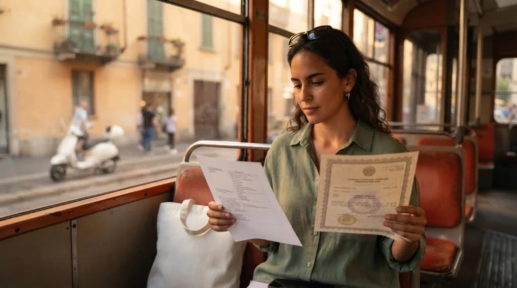Donna su un tram italiano che confronta un documento venezuelano e una traduzione, senza testi leggibili