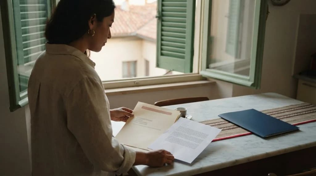 Donna in un appartamento italiano che prepara un documento e la sua traduzione, senza testi leggibili