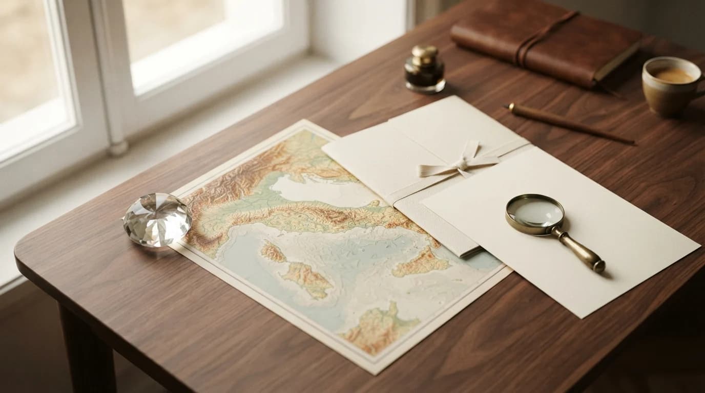 Scrivania in legno con mappa fisica dell’Italia senza nomi leggibili, cartella e lente: ricerca del luogo di origine, senza documenti ufficiali visibili