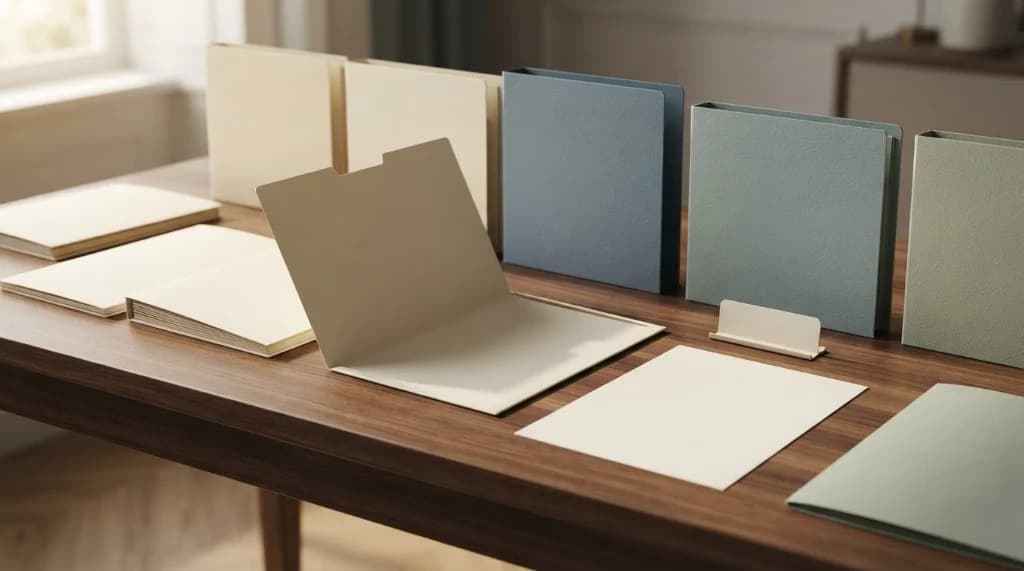 Scrivania in noce con cartelle crema: una aperta e vuota, un foglio bianco e un separatore d’archivio — ricerca di un atto che non compare dove atteso