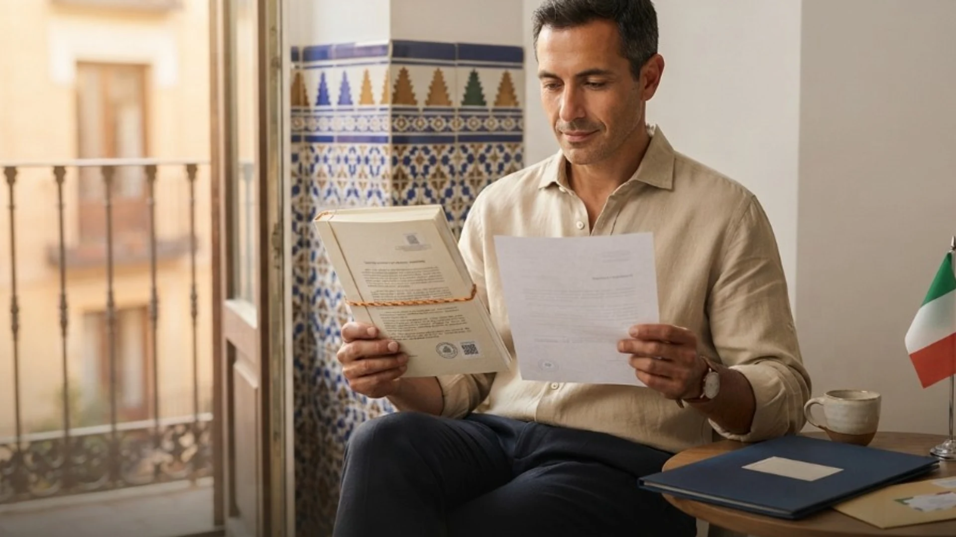 Uomo in un appartamento spagnolo confronta un potere notarile e una traduzione italiana, senza testi leggibili