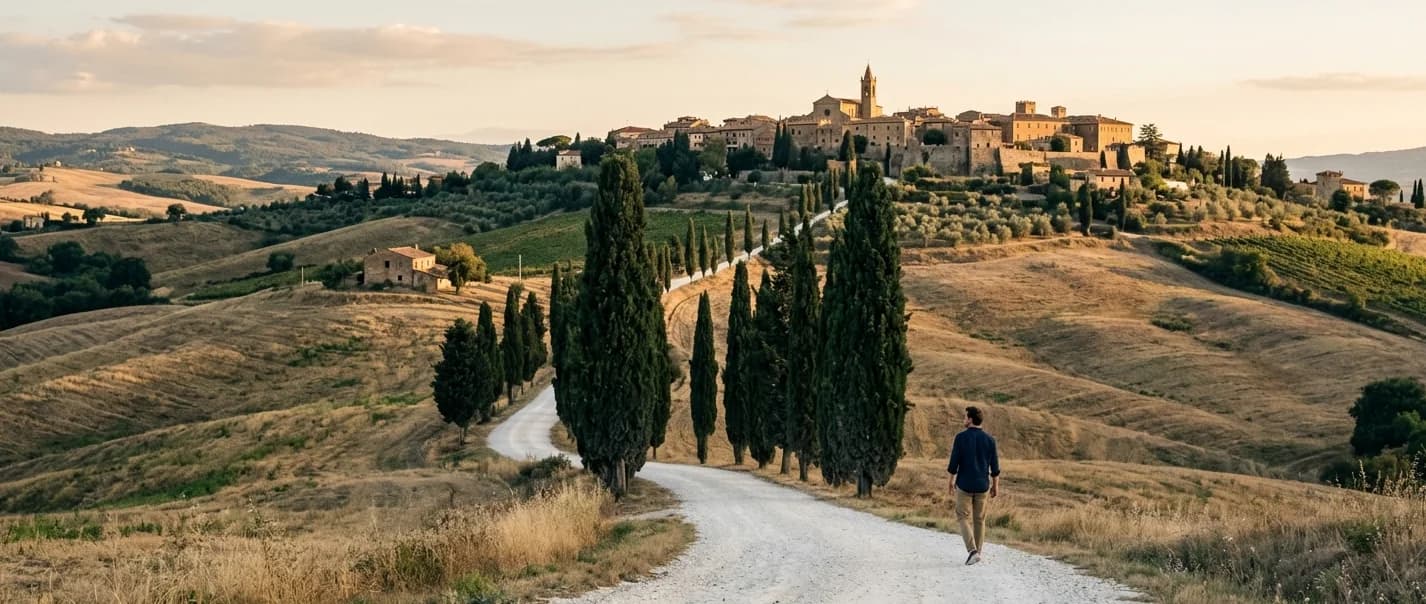 Paisaje italiano entre colinas y cipreses