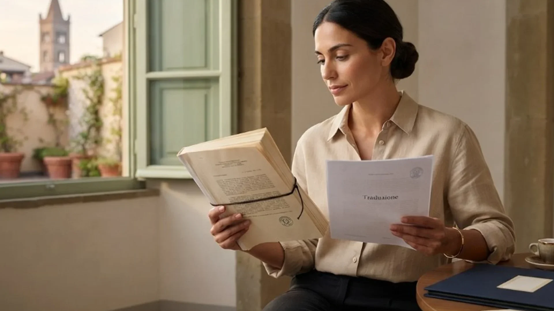 Donna in un appartamento italiano confronta una sentenza straniera e una traduzione, senza testi leggibili