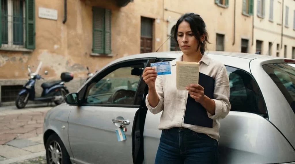 Donna accanto a un’auto in una via italiana confronta una patente argentina e un documento tradotto, con un portachiavi Argentina–Italia