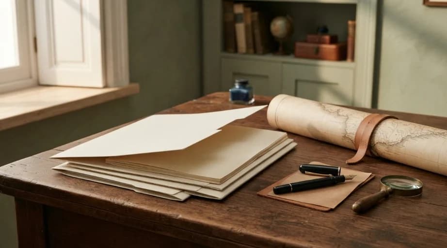 Scrivania in legno con cartelle chiuse, mappa arrotolata e lente d’ingrandimento: servizio documentale privato, senza testi visibili
