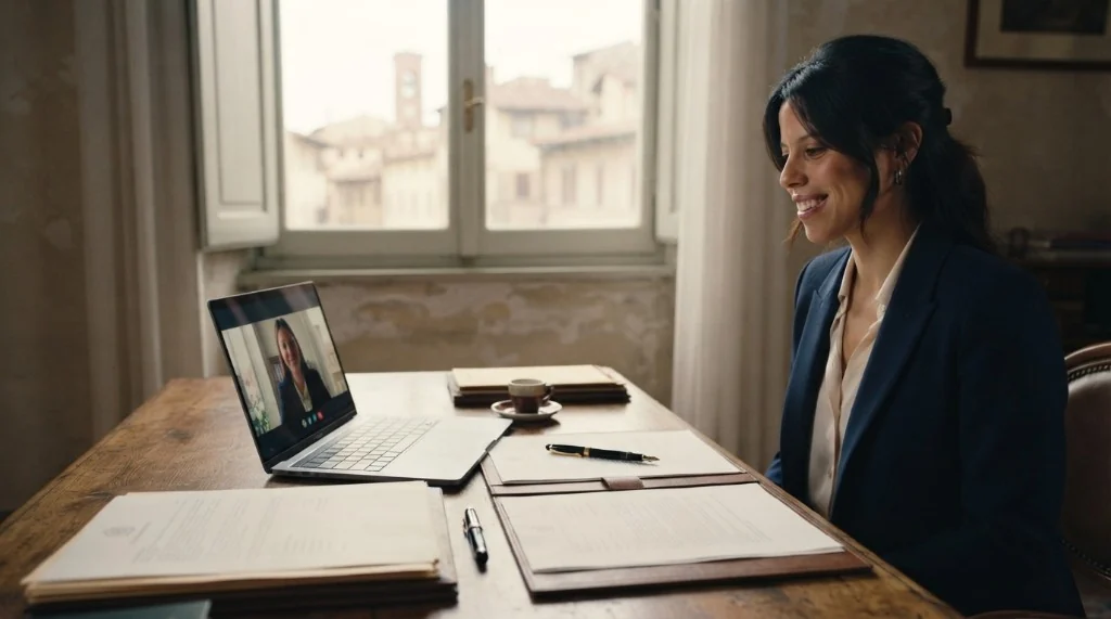 Professional in Italy on a video call with a partner, documents on the desk