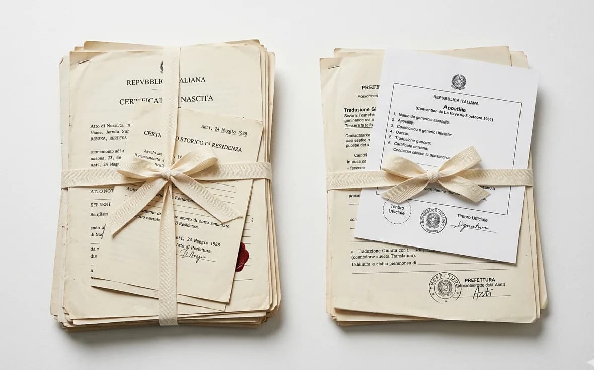 Certificados y actas oficiales apilados sobre una mesa