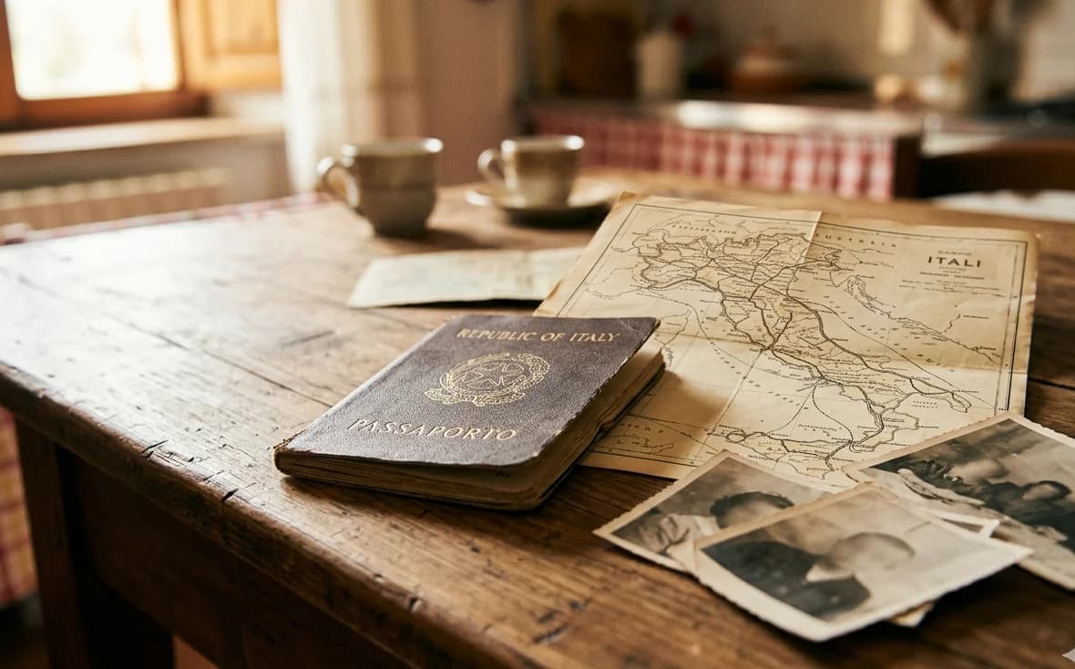 Investigación genealógica con fotos de familia y mapa de Italia