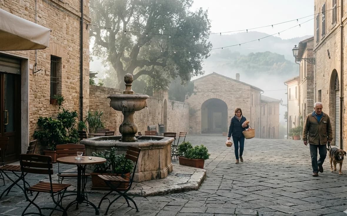 Plaza de un borgo italiano con bar y gente