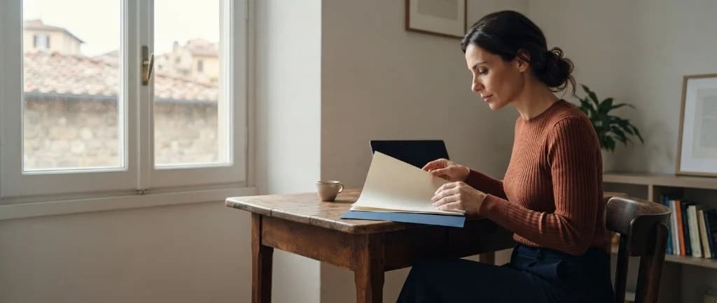 Woman at a desk by a window, reviewing Italian documents in a folder